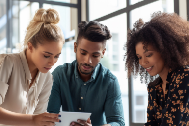 Three people in a meeting