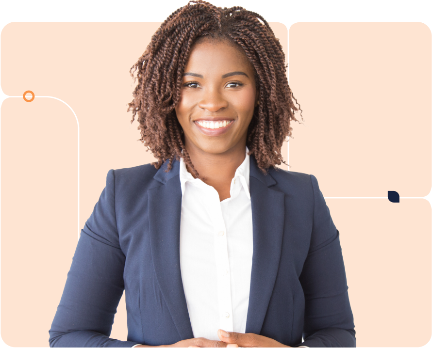 A businessperson in front of a peach background