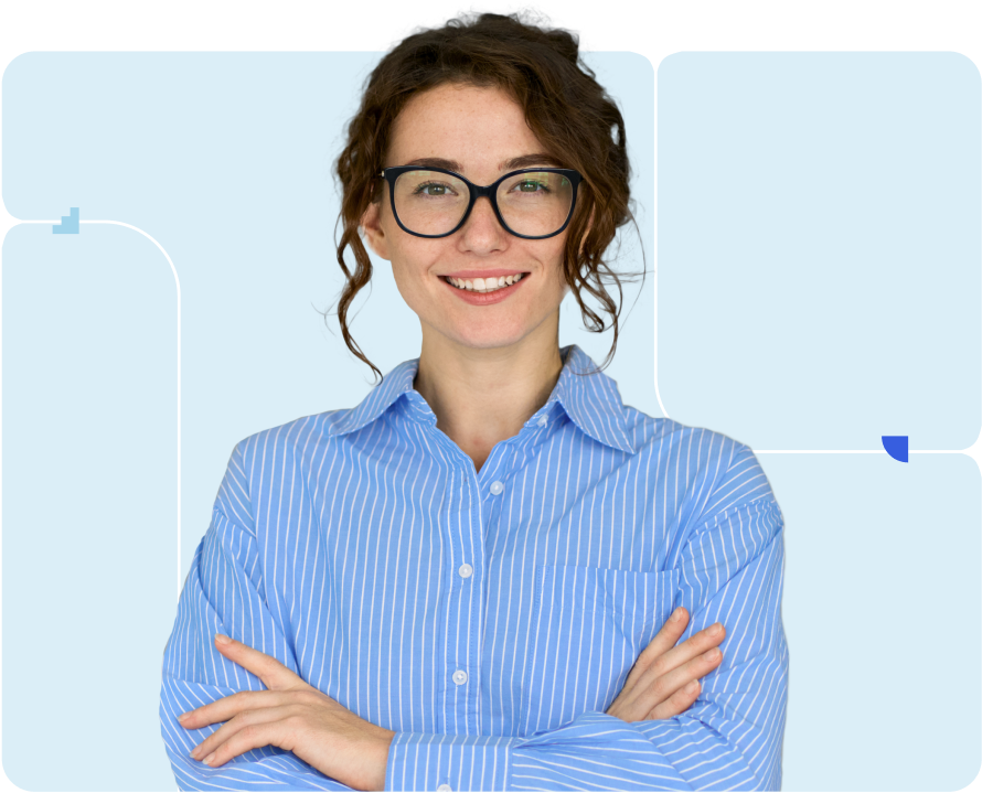 A person posing professionally in front of a blue background