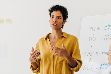 Scrum values A businessperson presents in front of a whiteboard