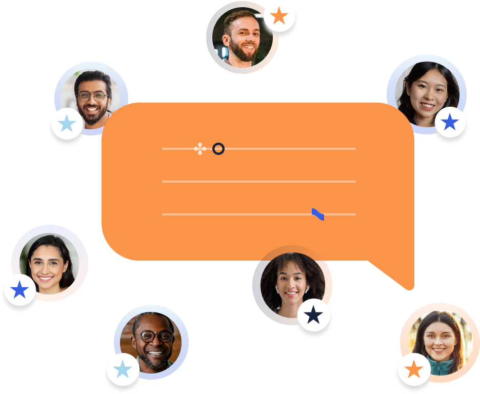 Small circular pictures of people with stars denoting testimonials or reviews, set against a backdrop of a chat bubble.