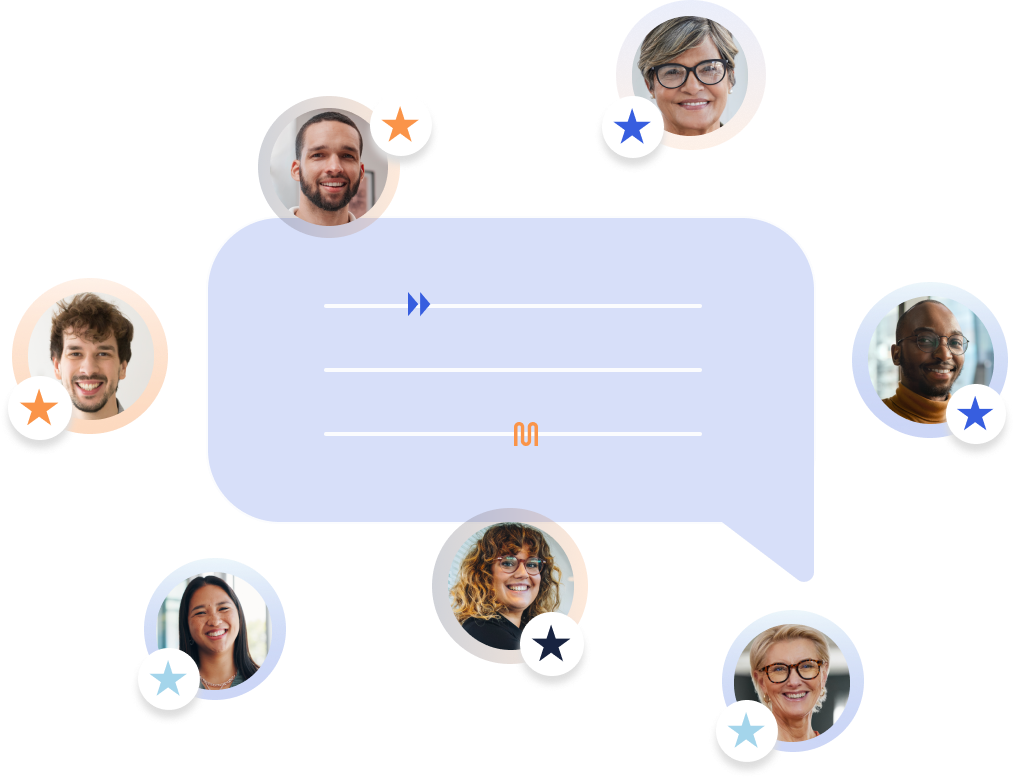 Small circular pictures of people with stars denoting testimonials or reviews, set against a backdrop of a chat bubble.