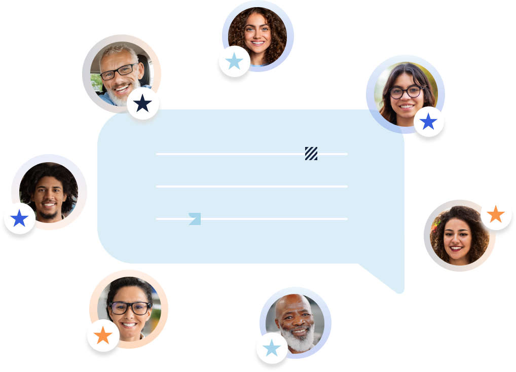 Small circular pictures of people with stars denoting testimonials or reviews, set against a backdrop of a chat bubble.