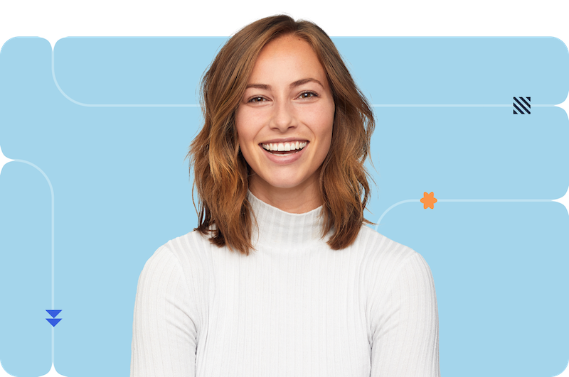 A picture of a woman smiling in a professional turtleneck against a blue branded background