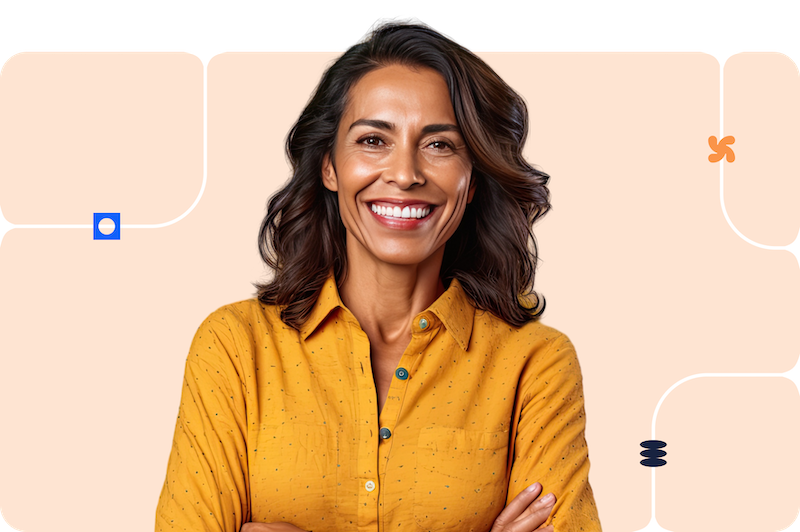 A woman in an orange blouse smiles against a branded pink background