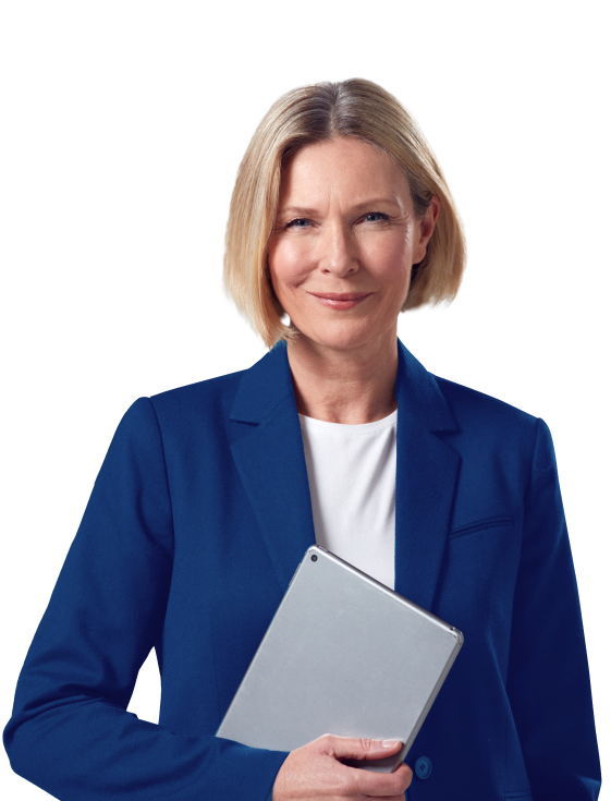 Person in a blue blazer with a tablet