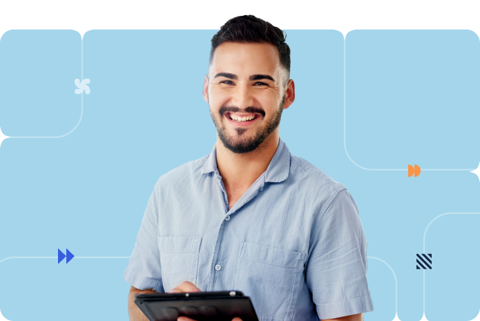 A young person in a light blue button up smiles holding a tablet in front of a blue Scrum Alliance background