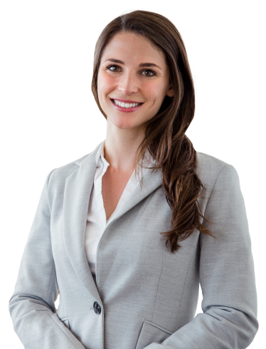 A professional businessperson's portrait in a grey suit in front of a a white background