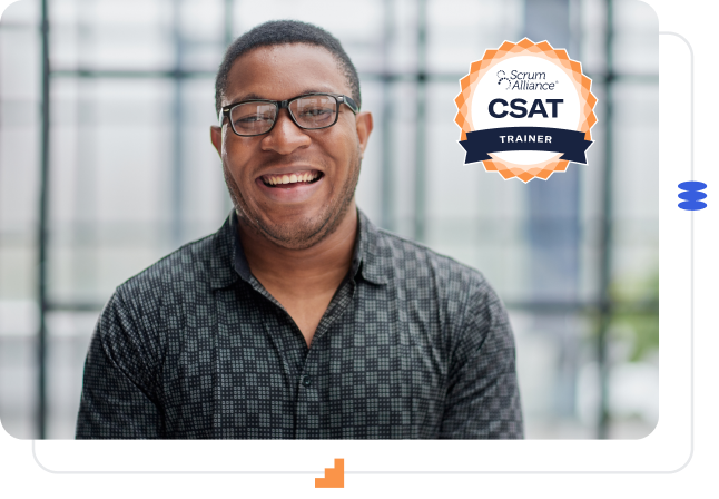 A professional in glasses smiles with the CSAT badge in the upper right