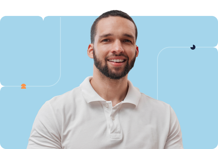 Man in a white polo shirt smiling against a blue background