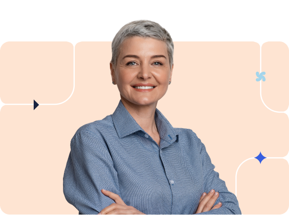 A businessperson stands with arms crossed against a peach-colored background