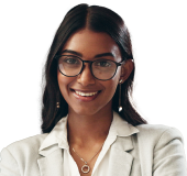 A businessperson in a blazer smiles in a professional portrait and white background