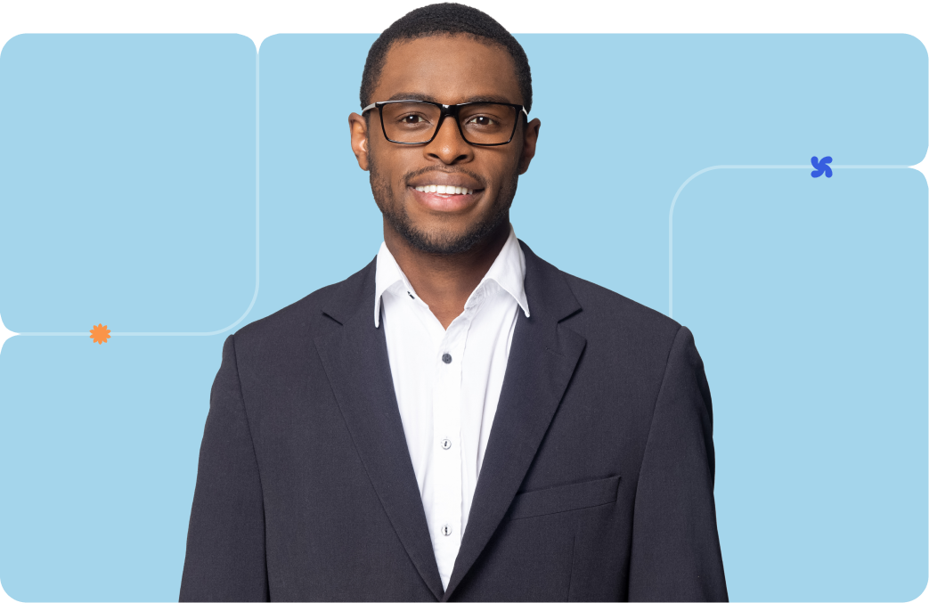 Businessperson in front of a light blue background