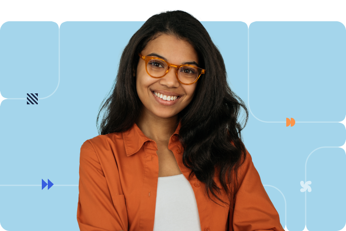 A person in a professional outfit in front of a blue background