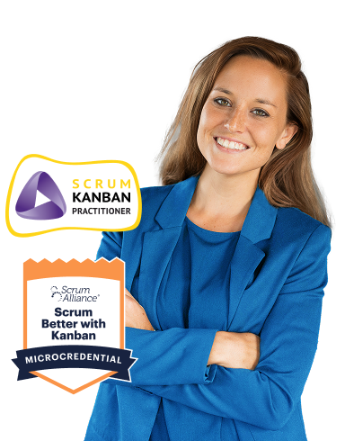 A smiling woman with a blue suit crossing her arms with the Scrum Kanban practicioner badge and the Scrum Better with Kanban microcredential badge