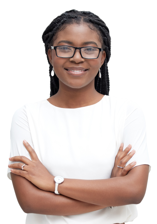 A young person poses with arms crossed smiling slightly in a white t shirt with a white background