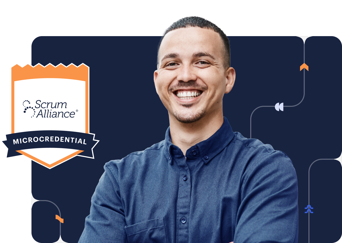 Smiling professional with a Scrum Alliance microcredential badge