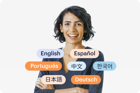 A woman smiling with the Scrum Essentials languages in icons in front of her