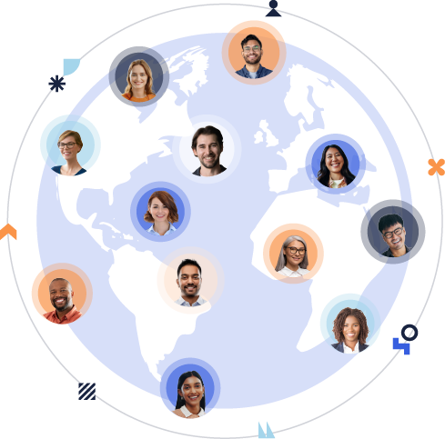 A graphic showing a globe in the background with people's portraits scattered across it