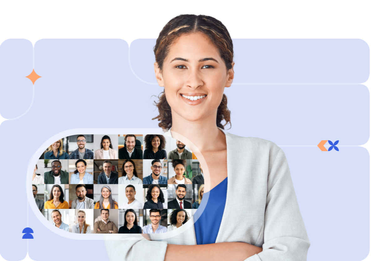 A smiling woman in a professional blazer top in a light purple background, with a collage group of other professionals in a center bubble