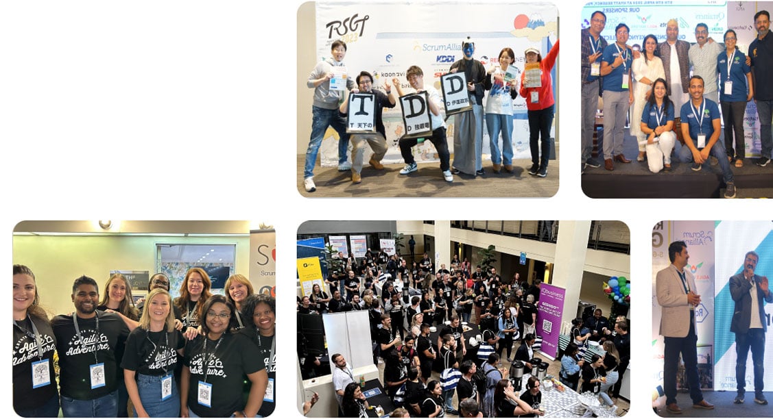 updated_1127-x-612-intro-collage-4.24.24 A photo collage showing groups of people from different Regional Scrum Gatherings around the world