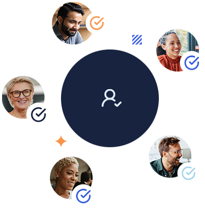 A representation of multiple smiling portraits around a circular icon